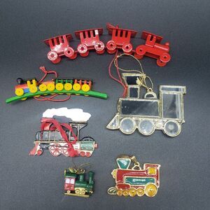 Lot of 6 train Christmas ornaments including Wallace Silversmiths Enamel train